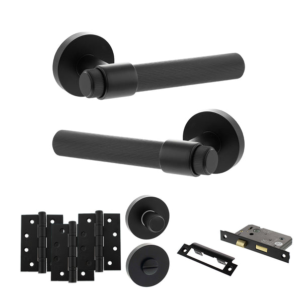 Senza Pari Fasana Door Handle Pack (Bathroom Set - 2.5" CE Bathroom Lock, 4" Fire Rated Hinges x3) - Matt Black - ADPSPR165MB10 - Choice Handles
