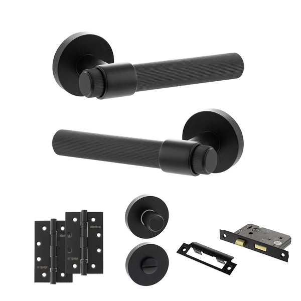 Senza Pari Fasana Door Handle Pack (Bathroom Set - 2.5" CE Bathroom Lock, 4" Slim Knuckle Hinges x2) - Matt Black - ADPSPR165MB12 - Choice Handles