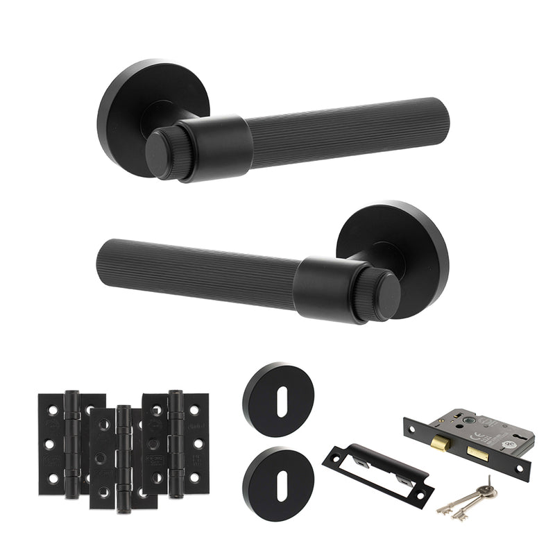 Senza Pari Fasana Door Handle Pack (3 Lever Lock Set - 2.5" CE Sashlock, 3" Fire Rated Hinges x3) - Matt Black - ADPSPR165MB14 - Choice Handles