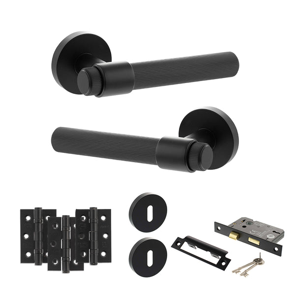 Senza Pari Fasana Door Handle Pack (3 Lever Lock Set - 3" CE Sashlock, 3" Fire Rated Hinges x3) - Matt Black - ADPSPR165MB15 - Choice Handles