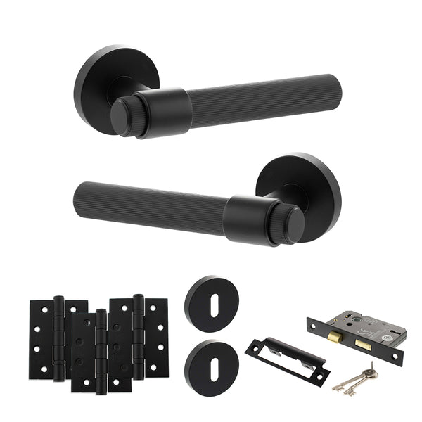 Senza Pari Fasana Door Handle Pack (3 Lever Lock Set - 2.5" CE Sashlock, 4" Fire Rated Hinges x3) - Matt Black - ADPSPR165MB16 - Choice Handles
