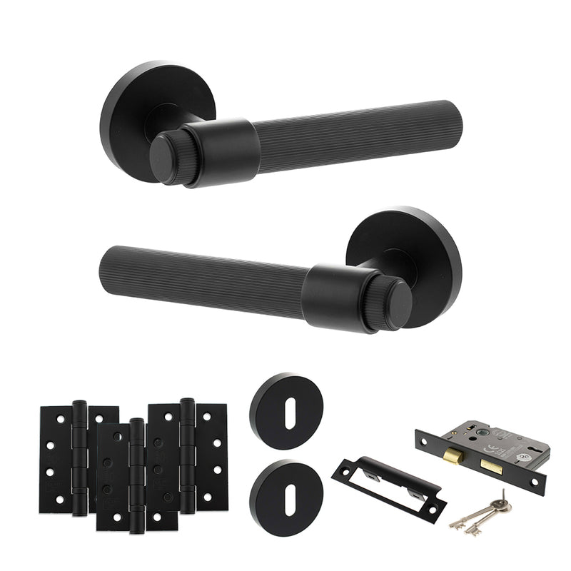 Senza Pari Fasana Door Handle Pack (3 Lever Lock Set - 2.5" CE Sashlock, 4" Fire Rated Hinges x3) - Matt Black - ADPSPR165MB16 - Choice Handles