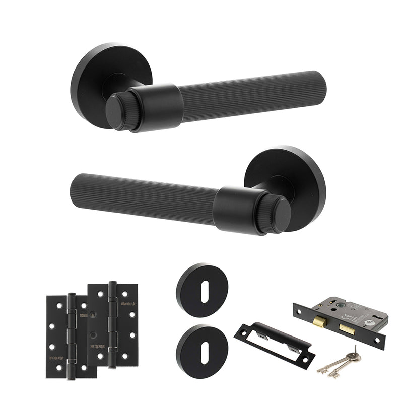 Senza Pari Fasana Door Handle Pack (3 Lever Lock Set - 2.5" CE Sashlock, 4" Slim Knuckle Hinges x2) - Matt Black - ADPSPR165MB18 - Choice Handles