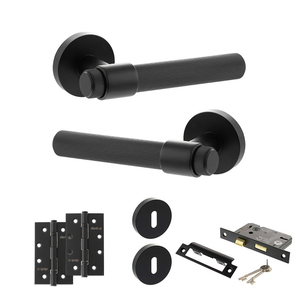 Senza Pari Fasana Door Handle Pack (3 Lever Lock Set - 3" CE Sashlock, 4" Slim Knuckle Hinges x2) - Matt Black - ADPSPR165MB19 - Choice Handles