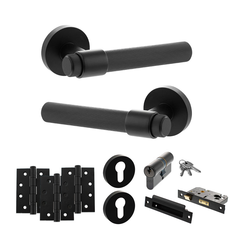 Senza Pari Fasana Door Handle Pack (Euro Lock Set - 2.5" CE Sashlock, 4" Fire Rated Hinges x3) - Matt Black - ADPSPR165MB22