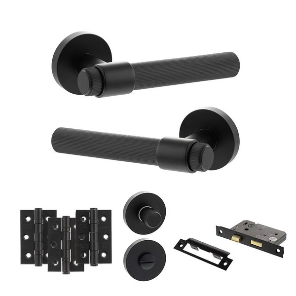 Senza Pari Fasana Door Handle Pack (Bathroom Set - 3" CE Bathroom Lock, 3" Fire Rated Hinges x3) - Matt Black - ADPSPR165MB9 - Choice Handles