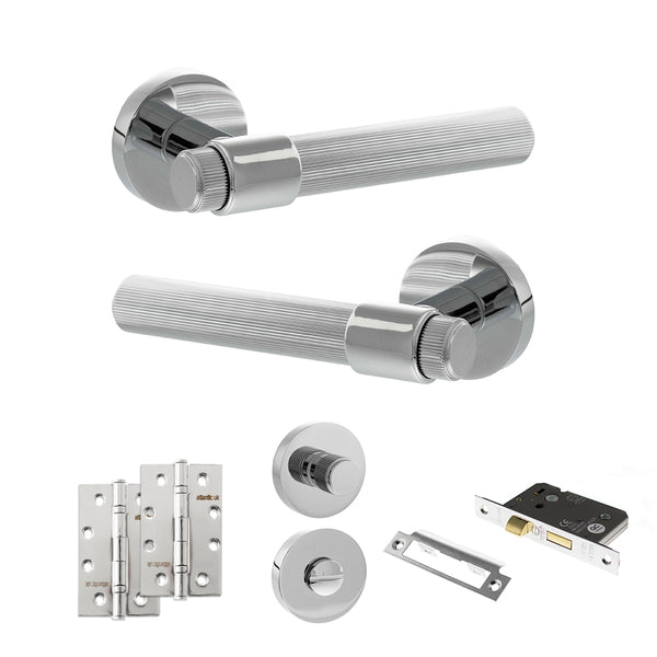 Senza Pari Fasana Door Handle Pack (Bathroom Set - 3" CE Bathroom Lock, 4" Slim Knuckle Hinges x2) - Polished Chrome - ADPSPR165PC13 - Choice Handles
