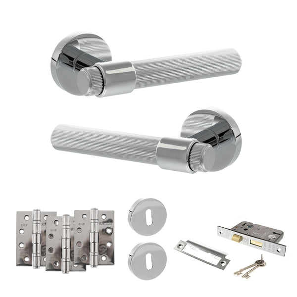 Senza Pari Fasana Door Handle Pack (3 Lever Lock Set - 3" CE Sashlock, 4" Fire Rated Hinges x3) - Polished Chrome - ADPSPR165PC17 - Choice Handles