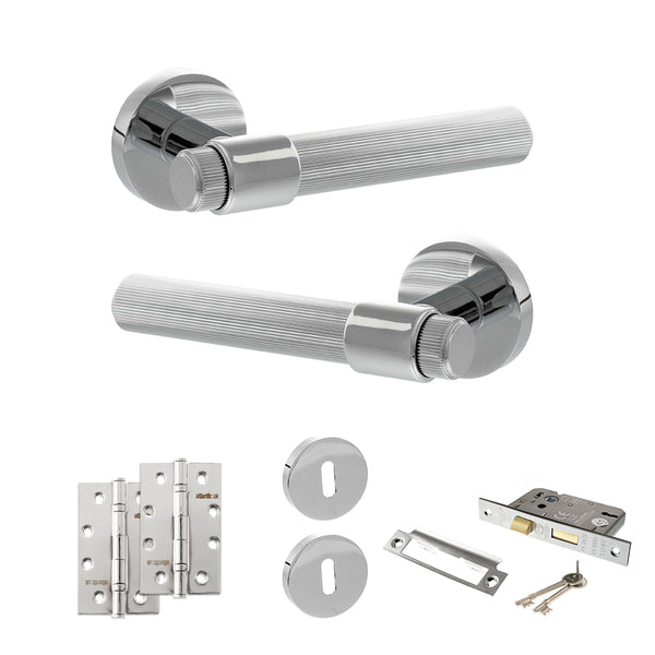 Senza Pari Fasana Door Handle Pack (3 Lever Lock Set - 3" CE Sashlock, 4" Slim Knuckle Hinges x2) - Polished Chrome - ADPSPR165PC19 - Choice Handles