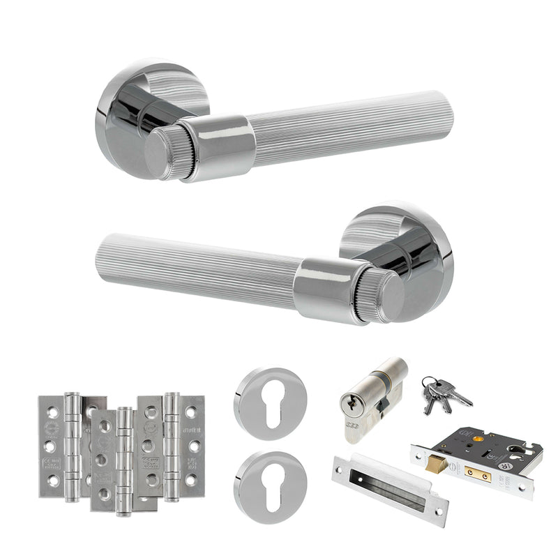 Senza Pari Fasana Door Handle Pack (Euro Lock Set - 2.5" CE Sashlock, 3" Fire Rated Hinges x3) - Polished Chrome - ADPSPR165PC20 - Choice Handles