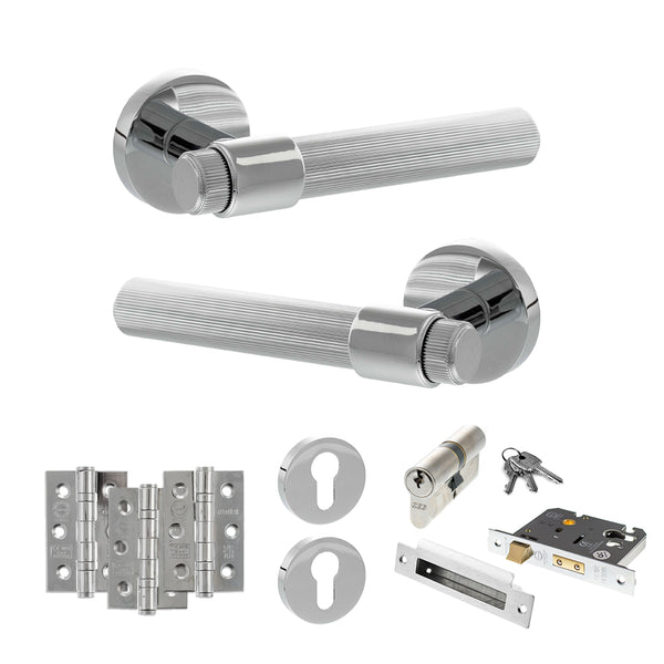 Senza Pari Fasana Door Handle Pack (Euro Lock Set - 3" CE Sashlock, 3" Fire Rated Hinges x3) - Polished Chrome - ADPSPR165PC21 - Choice Handles