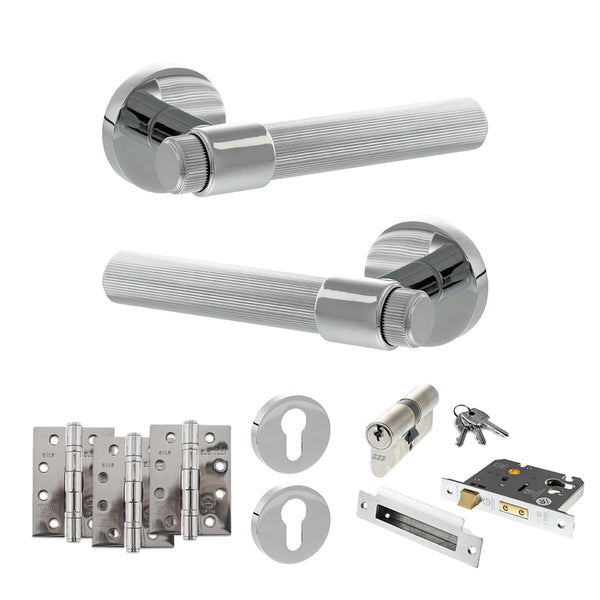 Senza Pari Fasana Door Handle Pack (Euro Lock Set - 2.5" CE Sashlock, 4" Fire Rated Hinges x3) - Polished Chrome - ADPSPR165PC22 - Choice Handles