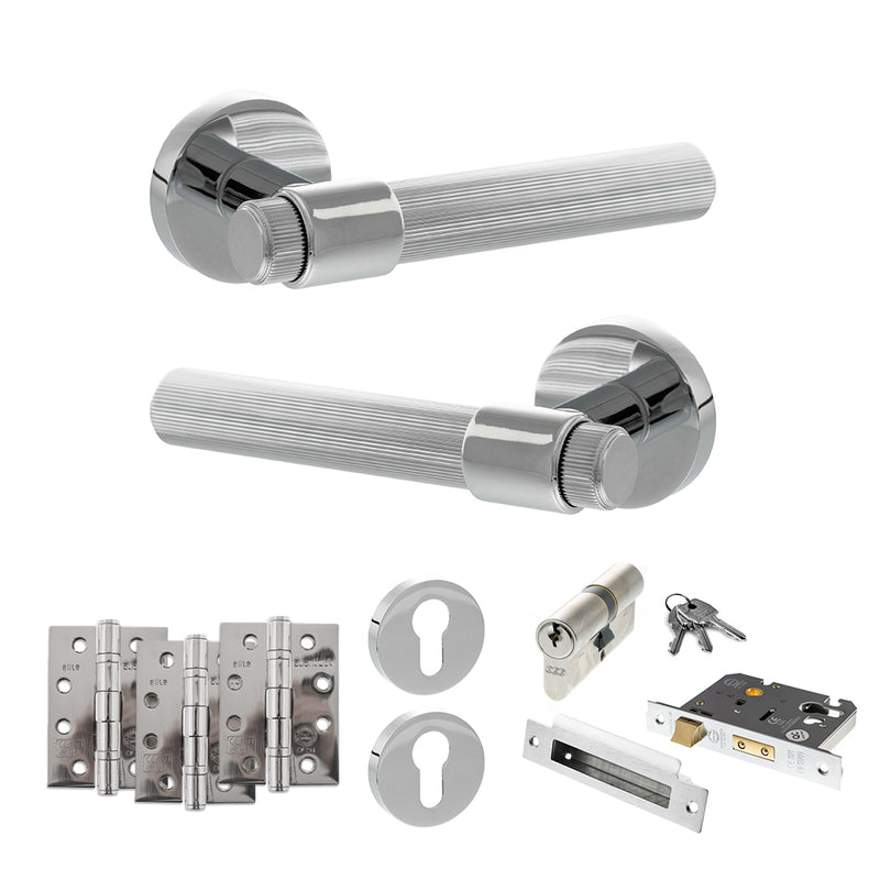 Senza Pari Fasana Door Handle Pack (Euro Lock Set - 3" CE Sashlock, 4" Fire Rated Hinges x3) - Polished Chrome - ADPSPR165PC23 - Choice Handles