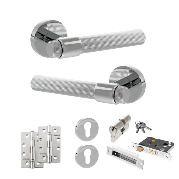 Senza Pari Fasana Door Handle Pack (Euro Lock Set - 3" CE Sashlock, 4" Slim Knuckle Hinges x2) - Polished Chrome - ADPSPR165PC25 - Choice Handles