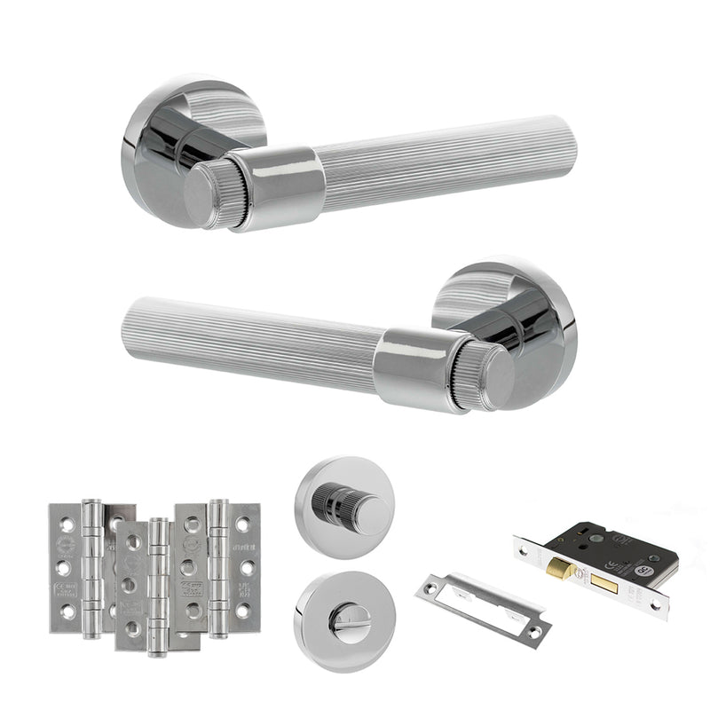 Senza Pari Fasana Door Handle Pack (Bathroom Set - 2.5" CE Bathroom Lock, 3" Fire Rated Hinges x3) - Polished Chrome - ADPSPR165PC8 - Choice Handles