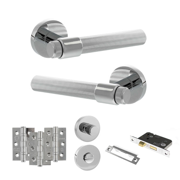 Senza Pari Fasana Door Handle Pack (Bathroom Set - 3" CE Bathroom Lock, 3" Fire Rated Hinges x3) - Polished Chrome - ADPSPR165PC9 - Choice Handles