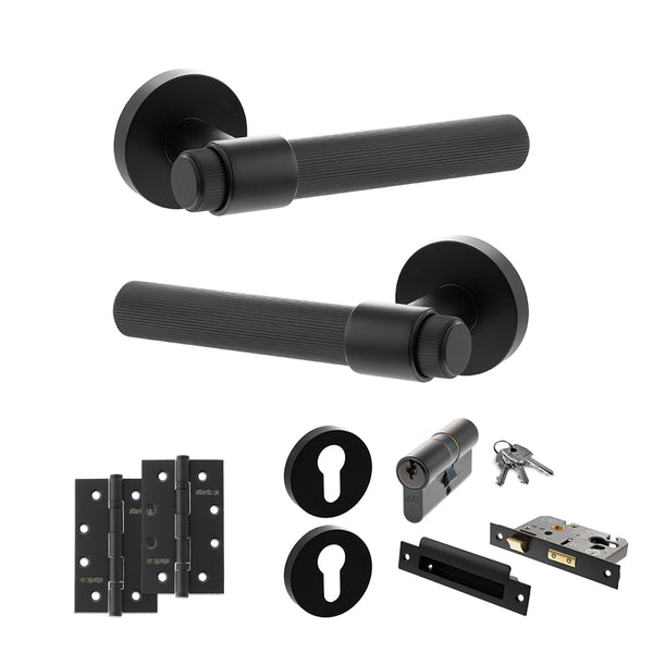 Senza Pari Fasana Door Handle Pack (Euro Lock Set - 3" CE Sashlock, 4" Slim Knuckle Hinges x2) - Matt Black - ADPSPR165MB25 - Choice Handles