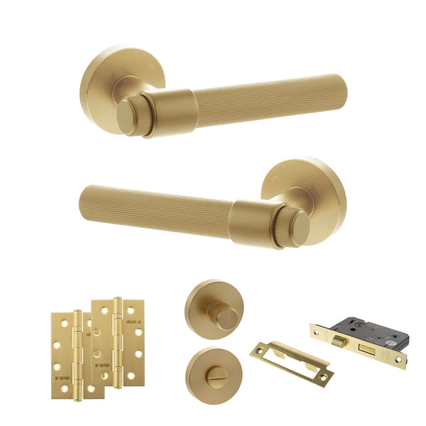 Senza Pari Fasana Door Handle Pack (Bathroom Set - 3" CE Bathroom Lock, 4" Slim Knuckle Hinges x2) - Satin Brass - ADPSPR165SB13 - Choice Handles