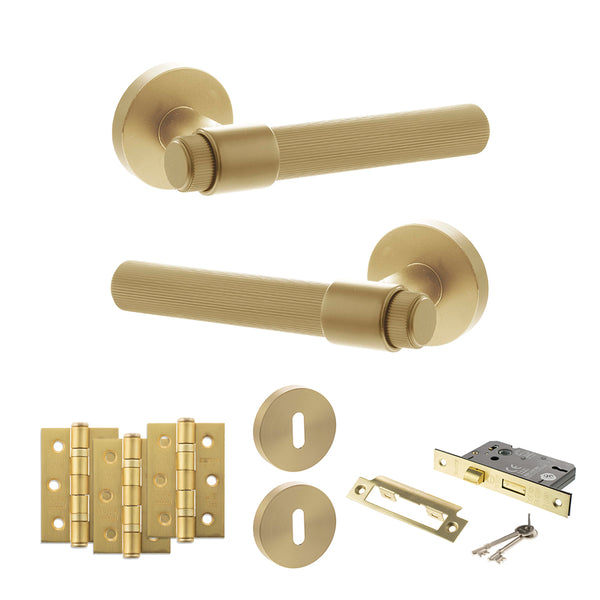 Senza Pari Fasana Door Handle Pack (3 Lever Lock Set - 2.5" CE Sashlock, 3" Fire Rated Hinges x3) - Satin Brass - ADPSPR165SB14 - Choice Handles