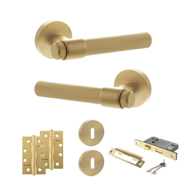 Senza Pari Fasana Door Handle Pack (3 Lever Lock Set - 2.5" CE Sashlock, 4" Slim Knuckle Hinges x2) - Satin Brass - ADPSPR165SB18 - Choice Handles