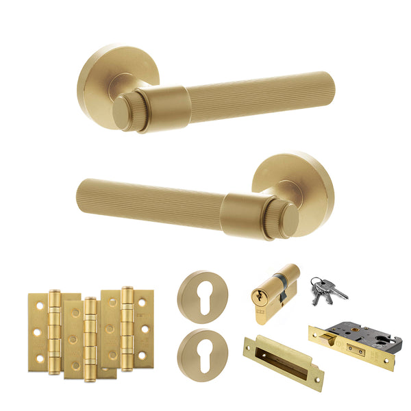 Senza Pari Fasana Door Handle Pack (Euro Lock Set - 2.5" CE Sashlock, 3" Fire Rated Hinges x3) - Satin Brass - ADPSPR165SB20 - Choice Handles