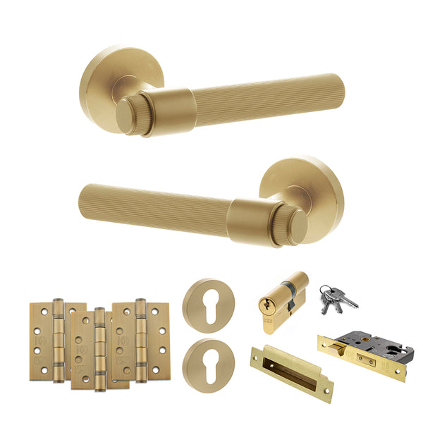 Senza Pari Fasana Door Handle Pack (Euro Lock Set - 3" CE Sashlock, 4" Fire Rated Hinges x3) - Satin Brass - ADPSPR165SB23 - Choice Handles