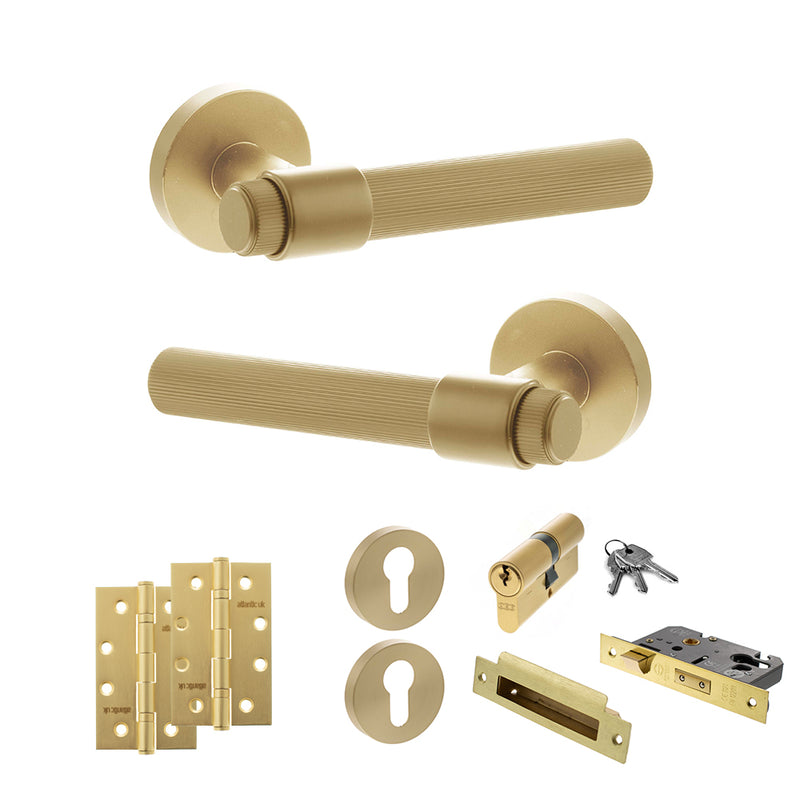 Senza Pari Fasana Door Handle Pack (Euro Lock Set - 3" CE Sashlock, 4" Slim Knuckle Hinges x2) - Satin Brass - ADPSPR165SB25 - Choice Handles