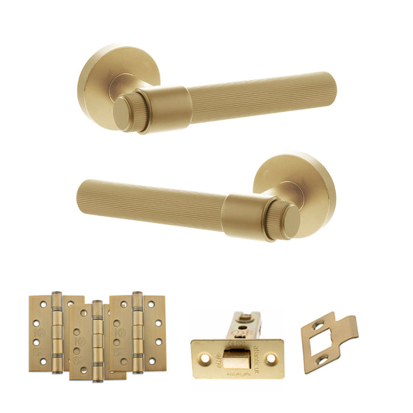 Senza Pari Fasana Door Handle Pack (Latch Set - 3" CE Latch, 4" Fire Rated Hinges x3) - Satin Brass - ADPSPR165SB4 - Choice Handles