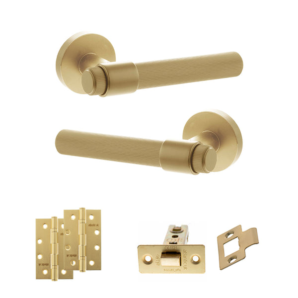 Senza Pari Fasana Door Handle Pack (Latch Set - 2.5" CE Latch, 4" Slim Knuckle Hinges x2) - Satin Brass - ADPSPR165SB5 - Choice Handles