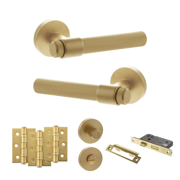 Senza Pari Fasana Door Handle Pack (Bathroom Set - 3" CE Bathroom Lock, 3" Fire Rated Hinges x3) - Satin Brass - ADPSPR165SB9 - Choice Handles