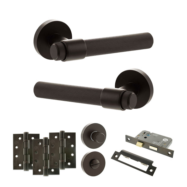 Senza Pari Fasana Door Handle Pack (Bathroom Set - 2.5" CE Bathroom Lock, 4" Fire Rated Hinges x3) - Urban Dark Bronze - ADPSPR165UDB10 - Choice Handles