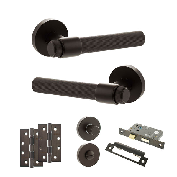 Senza Pari Fasana Door Handle Pack (Bathroom Set - 3" CE Bathroom Lock, 4" Slim Knuckle Hinges x2) - Urban Dark Bronze - ADPSPR165UDB13 - Choice Handles