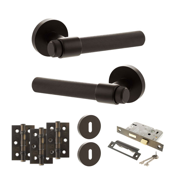 Senza Pari Fasana Door Handle Pack (3 Lever Lock Set - 2.5" CE Sashlock, 3" Fire Rated Hinges x3) - Urban Dark Bronze - ADPSPR165UDB14 - Choice Handles