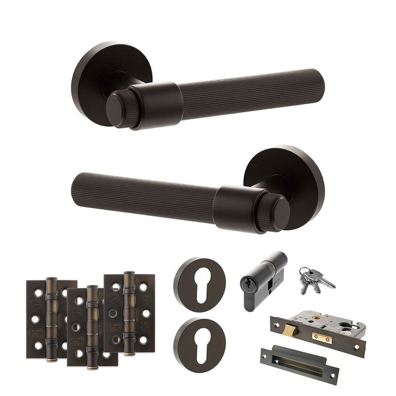 Senza Pari Fasana Door Handle Pack (Euro Lock Set - 2.5" CE Sashlock, 3" Fire Rated Hinges x3) - Urban Dark Bronze - ADPSPR165UDB20 - Choice Handles