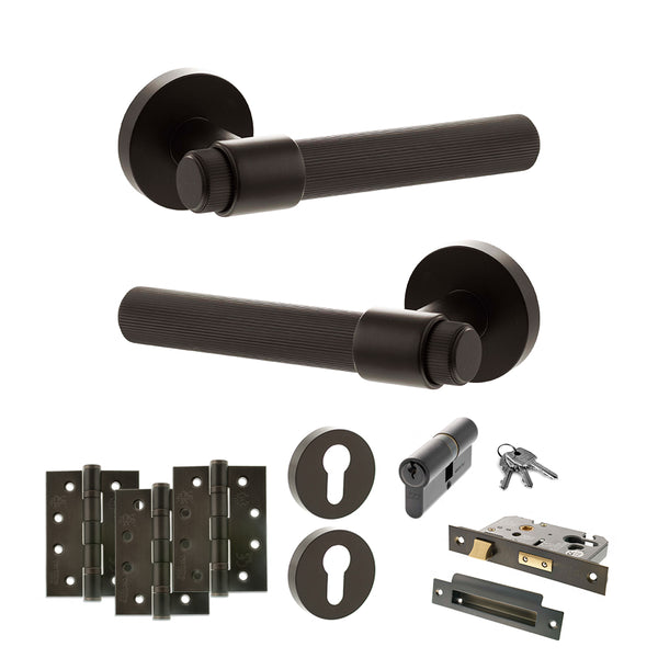 Senza Pari Fasana Door Handle Pack (Euro Lock Set - 3" CE Sashlock, 4" Fire Rated Hinges x3) - Urban Dark Bronze - ADPSPR165UDB23 - Choice Handles