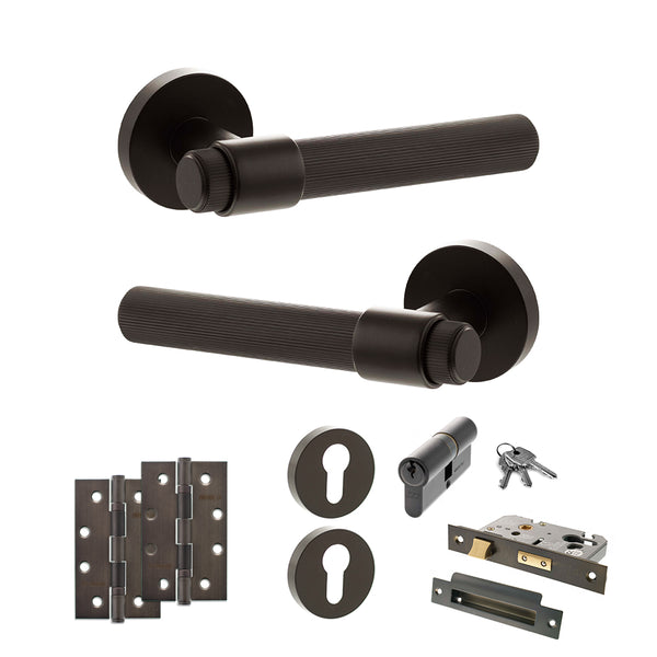 Senza Pari Fasana Door Handle Pack (Euro Lock Set - 2.5" CE Sashlock, 4" Slim Knuckle Hinges x2) - Urban Dark Bronze - ADPSPR165UDB24 - Choice Handles