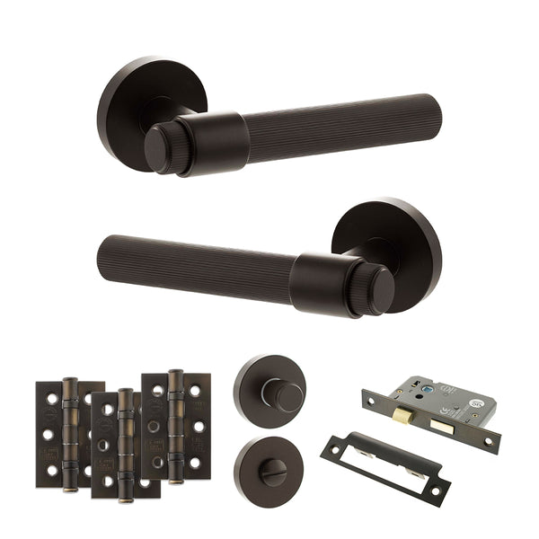 Senza Pari Fasana Door Handle Pack (Bathroom Set - 3" CE Bathroom Lock, 3" Fire Rated Hinges x3) - Urban Dark Bronze - ADPSPR165UDB9 - Choice Handles