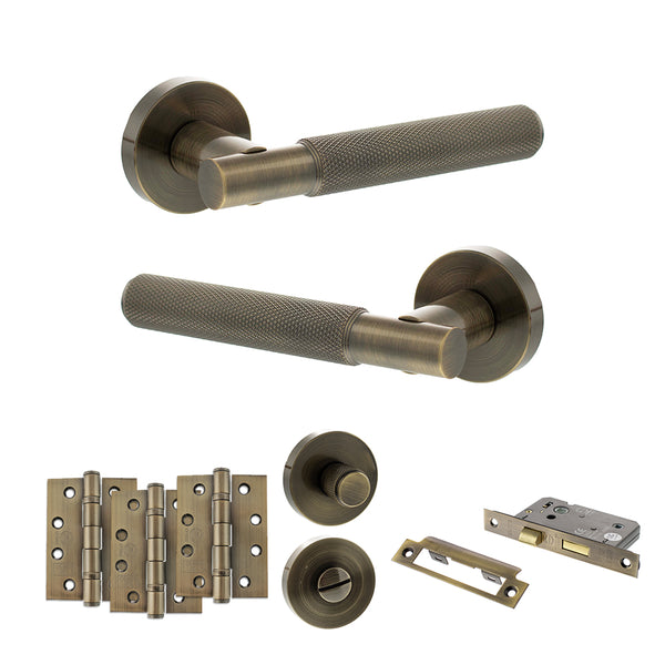 Senza Pari Rosarno Door Handle Pack (Bathroom Set - 3" CE Bathroom Lock, 4" Fire Rated Hinges x3) - Antique Brass - ADPSPR170AB11 - Choice Handles
