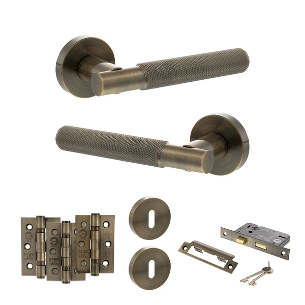 Senza Pari Rosarno Door Handle Pack (3 Lever Lock Set - 3" CE Sashlock, 3" Fire Rated Hinges x3) - Antique Brass - ADPSPR170AB15 - Choice Handles