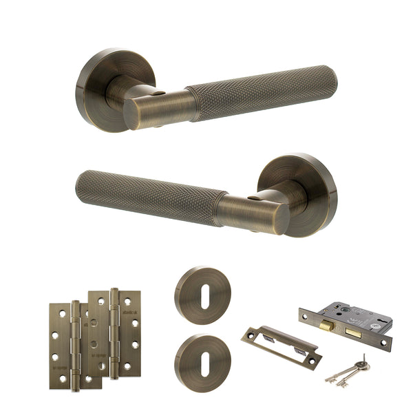 Senza Pari Rosarno Door Handle Pack (3 Lever Lock Set - 3" CE Sashlock, 4" Slim Knuckle Hinges x2) - Antique Brass - ADPSPR170AB19 - Choice Handles