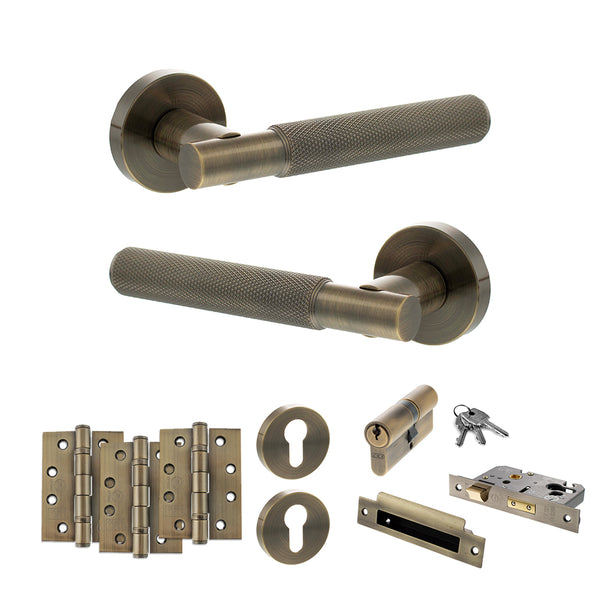 Senza Pari Rosarno Door Handle Pack (Euro Lock Set - 2.5" CE Sashlock, 4" Fire Rated Hinges x3) - Antique Brass - ADPSPR170AB22 - Choice Handles