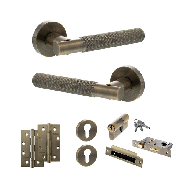 Senza Pari Rosarno Door Handle Pack (Euro Lock Set - 2.5" CE Sashlock, 4" Slim Knuckle Hinges x2) - Antique Brass - ADPSPR170AB24 - Choice Handles