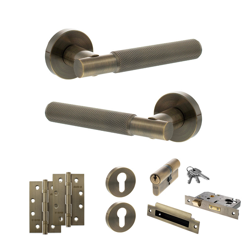 Senza Pari Rosarno Door Handle Pack (Euro Lock Set - 2.5" CE Sashlock, 4" Slim Knuckle Hinges x2) - Antique Brass - ADPSPR170AB24 - Choice Handles