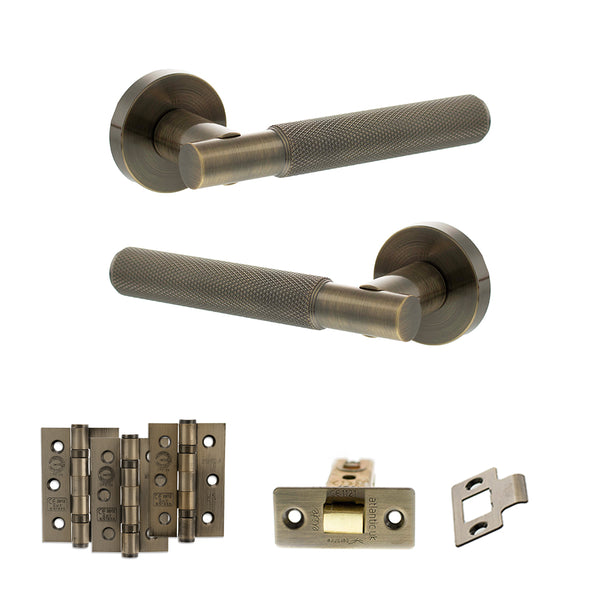 Senza Pari Rosarno Door Handle Pack (Latch Set - 3" CE Latch, 3" Fire Rated Hinges x3) - Antique Brass - ADPSPR170AB2 - Choice Handles