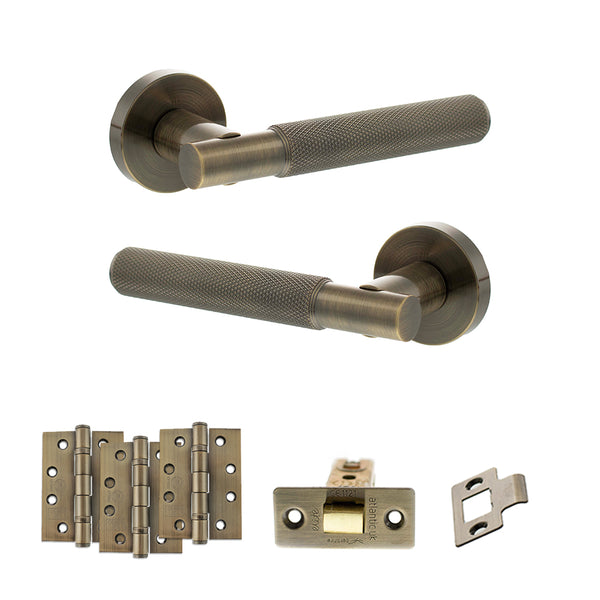 Senza Pari Rosarno Door Handle Pack (Latch Set - 3" CE Latch, 4" Fire Rated Hinges x3) - Antique Brass - ADPSPR170AB4 - Choice Handles