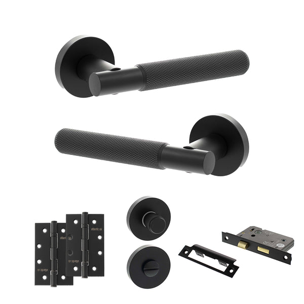 Senza Pari Rosarno Door Handle Pack (Bathroom Set - 3" CE Bathroom Lock, 4" Slim Knuckle Hinges x2) - Matt Black - ADPSPR170MB13 - Choice Handles