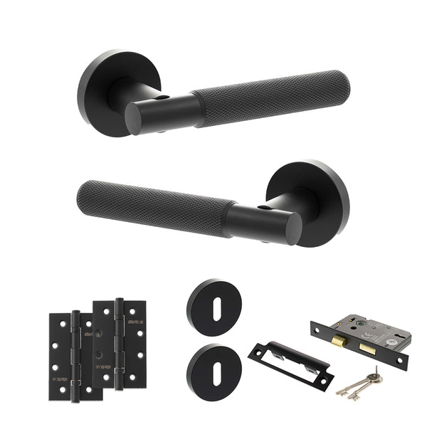 Senza Pari Rosarno Door Handle Pack (3 Lever Lock Set - 2.5" CE Sashlock, 4" Slim Knuckle Hinges x2) - Matt Black - ADPSPR170MB18 - Choice Handles