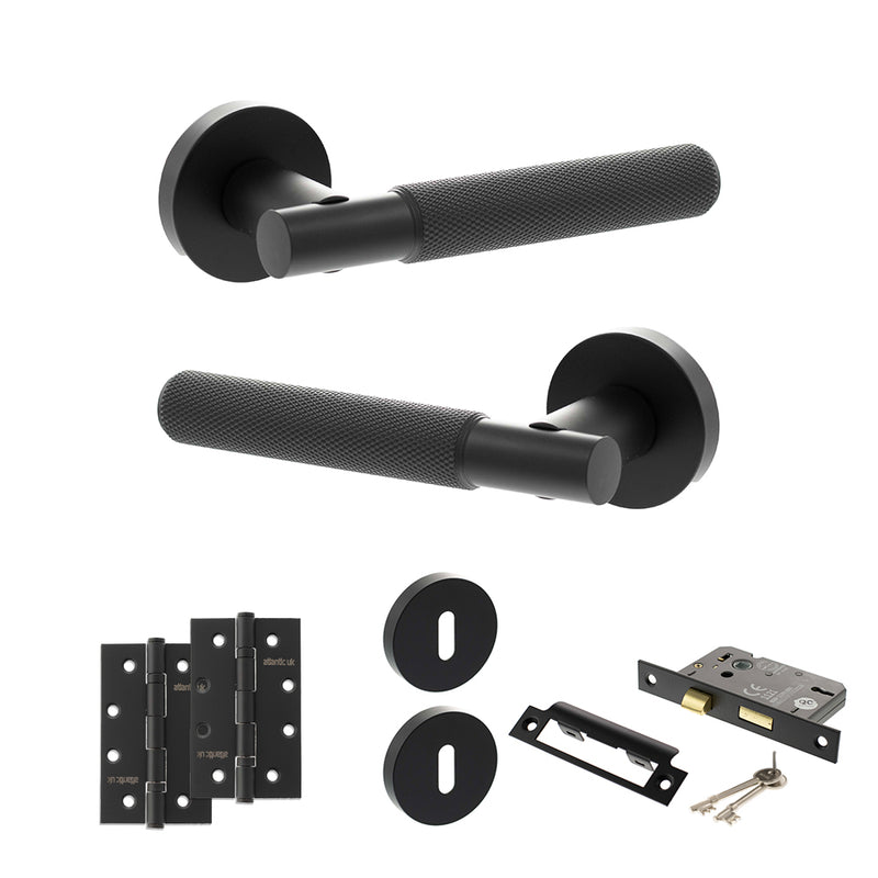 Senza Pari Rosarno Door Handle Pack (3 Lever Lock Set - 2.5" CE Sashlock, 4" Slim Knuckle Hinges x2) - Matt Black - ADPSPR170MB18 - Choice Handles