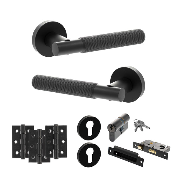 Senza Pari Rosarno Door Handle Pack (Euro Lock Set - 2.5" CE Sashlock, 3" Fire Rated Hinges x3) - Matt Black - ADPSPR170MB20 - Choice Handles