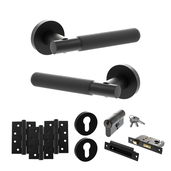 Senza Pari Rosarno Door Handle Pack (Euro Lock Set - 3" CE Sashlock, 4" Fire Rated Hinges x3) - Matt Black - ADPSPR170MB23 - Choice Handles